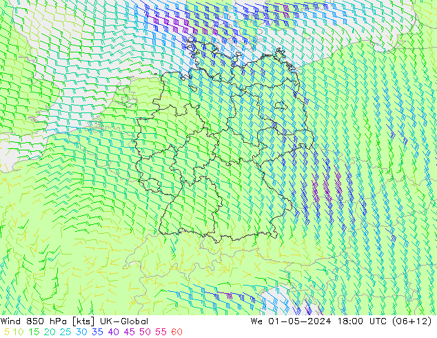 Wind 850 hPa UK-Global We 01.05.2024 18 UTC