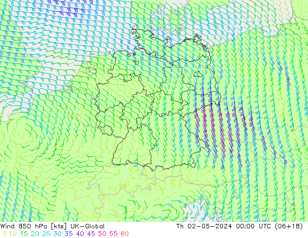 Wind 850 hPa UK-Global Th 02.05.2024 00 UTC