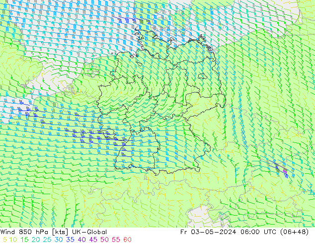 Wind 850 hPa UK-Global Fr 03.05.2024 06 UTC