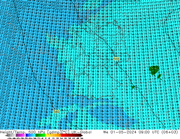 Hoogte/Temp. 500 hPa UK-Global wo 01.05.2024 09 UTC