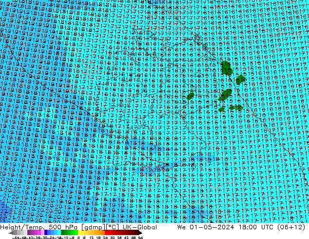 Height/Temp. 500 hPa UK-Global Mi 01.05.2024 18 UTC