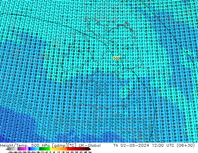 Height/Temp. 500 hPa UK-Global czw. 02.05.2024 12 UTC