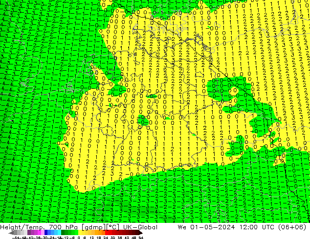 Géop./Temp. 700 hPa UK-Global mer 01.05.2024 12 UTC