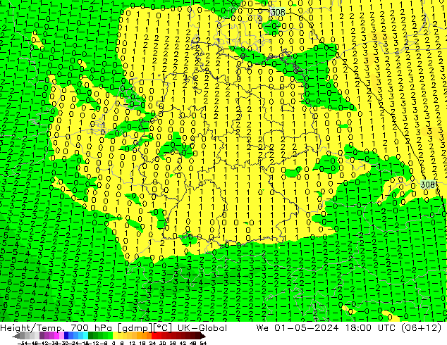 Height/Temp. 700 hPa UK-Global We 01.05.2024 18 UTC