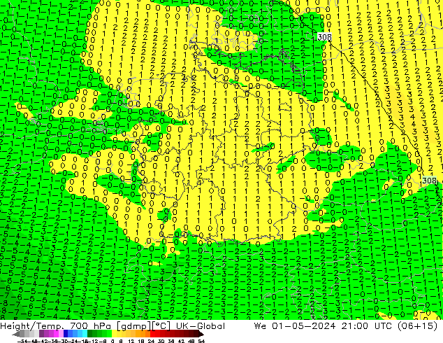 Height/Temp. 700 hPa UK-Global We 01.05.2024 21 UTC