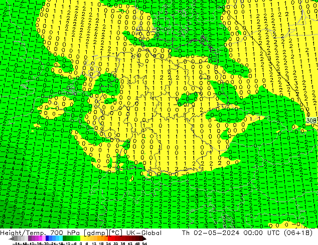 Height/Temp. 700 hPa UK-Global gio 02.05.2024 00 UTC