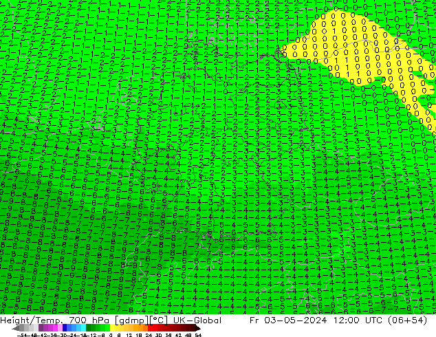 Height/Temp. 700 hPa UK-Global ven 03.05.2024 12 UTC