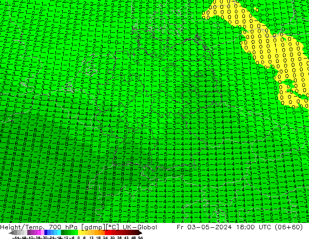 Geop./Temp. 700 hPa UK-Global vie 03.05.2024 18 UTC