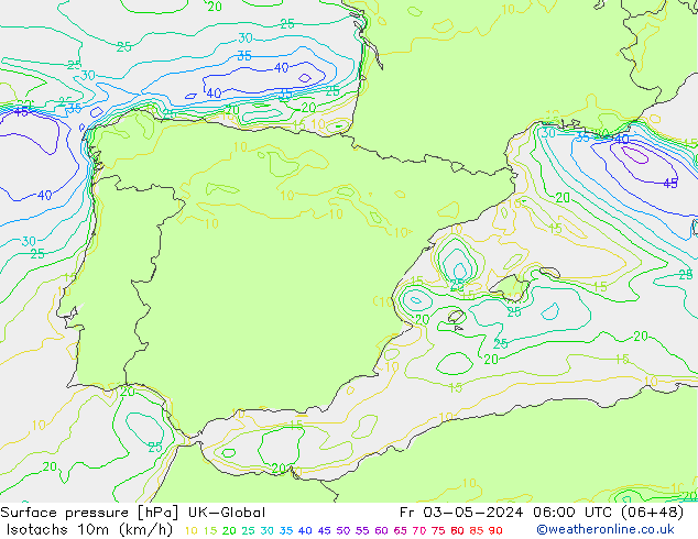 Isotachen (km/h) UK-Global Fr 03.05.2024 06 UTC