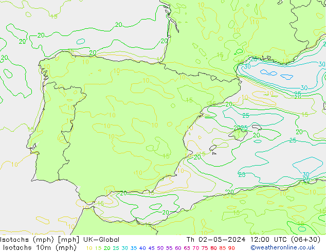 Isotachen (mph) UK-Global do 02.05.2024 12 UTC