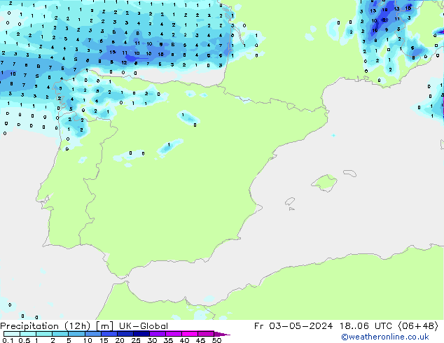 Totale neerslag (12h) UK-Global vr 03.05.2024 06 UTC