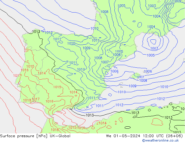 Pressione al suolo UK-Global mer 01.05.2024 12 UTC