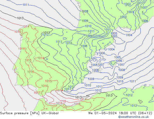 Pressione al suolo UK-Global mer 01.05.2024 18 UTC