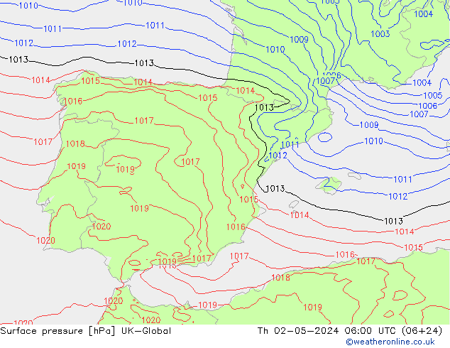 Atmosférický tlak UK-Global Čt 02.05.2024 06 UTC