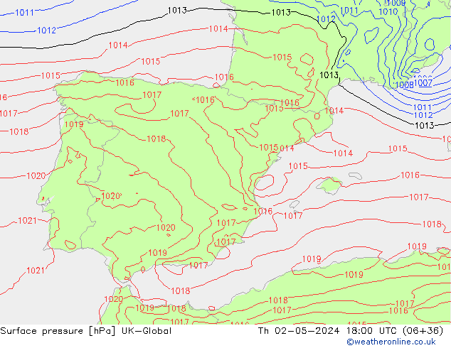 Pressione al suolo UK-Global gio 02.05.2024 18 UTC