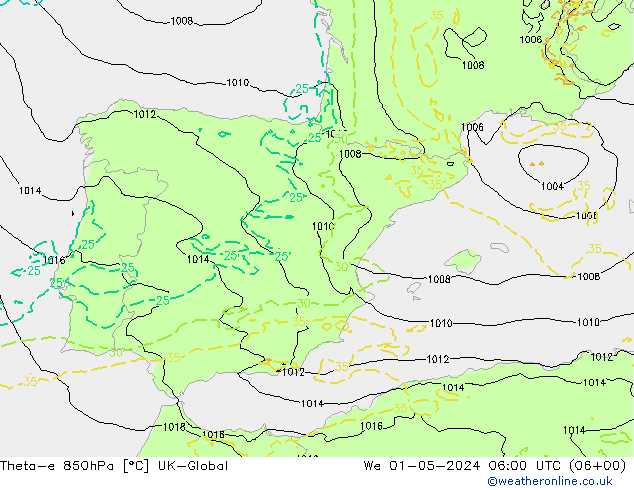 Theta-e 850гПа UK-Global ср 01.05.2024 06 UTC