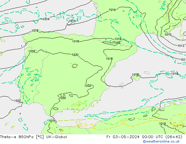 Theta-e 850hPa UK-Global ven 03.05.2024 00 UTC