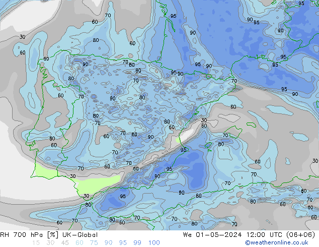 RH 700 гПа UK-Global ср 01.05.2024 12 UTC