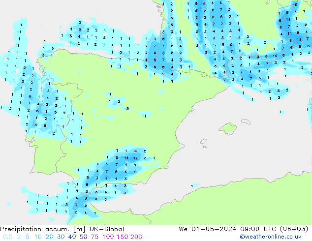 Precipitation accum. UK-Global Qua 01.05.2024 09 UTC