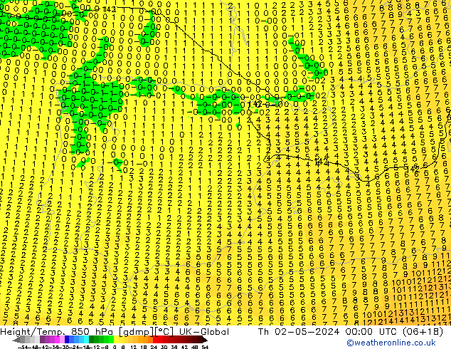 Height/Temp. 850 hPa UK-Global Th 02.05.2024 00 UTC