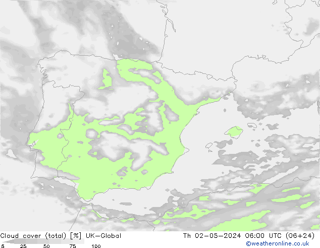 Nubes (total) UK-Global jue 02.05.2024 06 UTC