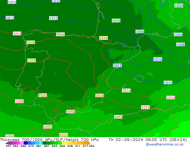Thck 700-1000 hPa UK-Global Th 02.05.2024 06 UTC