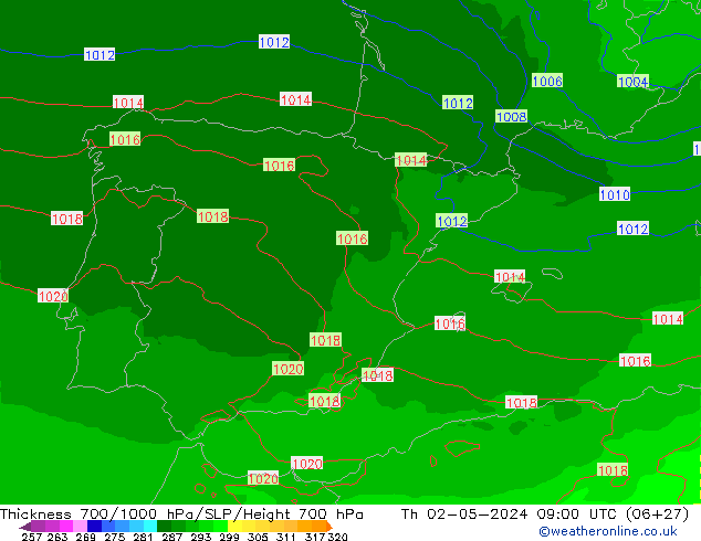 Thck 700-1000 hPa UK-Global gio 02.05.2024 09 UTC