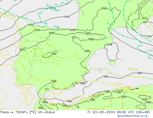 Theta-e 700hPa UK-Global  03.05.2024 06 UTC