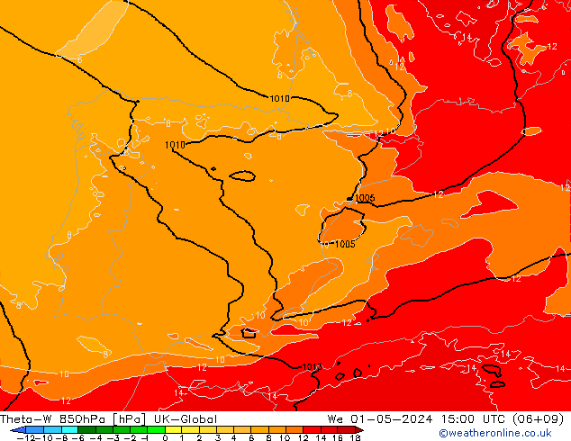 Theta-W 850hPa UK-Global We 01.05.2024 15 UTC