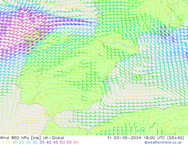 Vento 850 hPa UK-Global Sex 03.05.2024 18 UTC