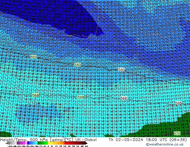 Height/Temp. 500 гПа UK-Global чт 02.05.2024 18 UTC