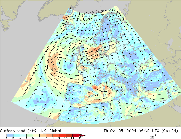 Surface wind (bft) UK-Global Th 02.05.2024 06 UTC