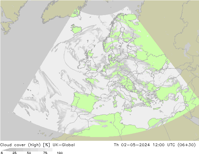 Cloud cover (high) UK-Global Th 02.05.2024 12 UTC