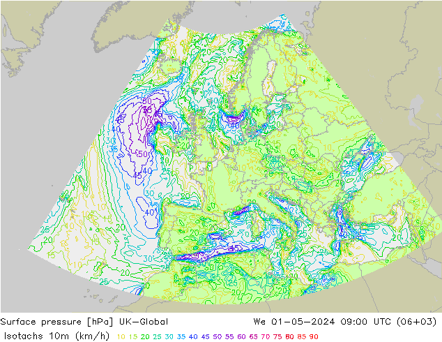 Isotachen (km/h) UK-Global Mi 01.05.2024 09 UTC