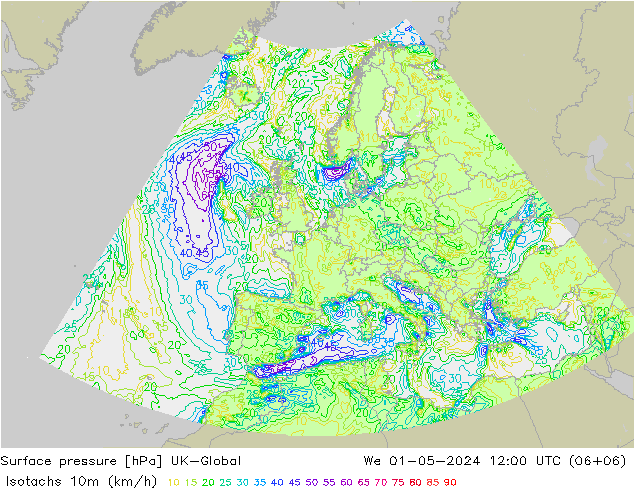 Isotachen (km/h) UK-Global Mi 01.05.2024 12 UTC