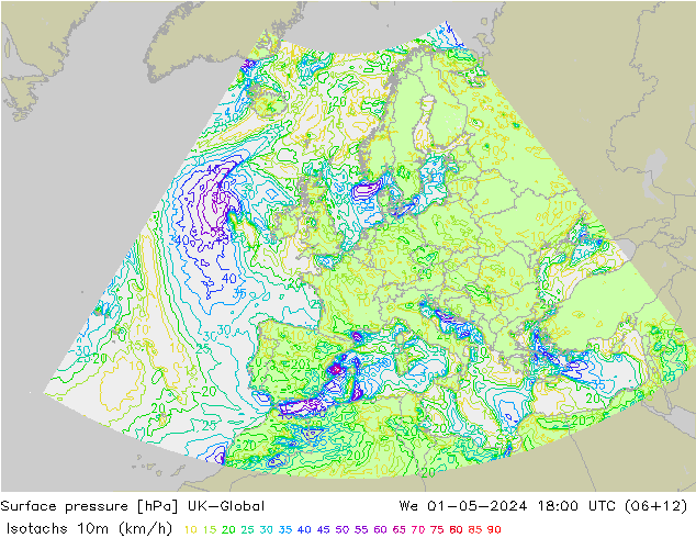 Isotachs (kph) UK-Global mer 01.05.2024 18 UTC