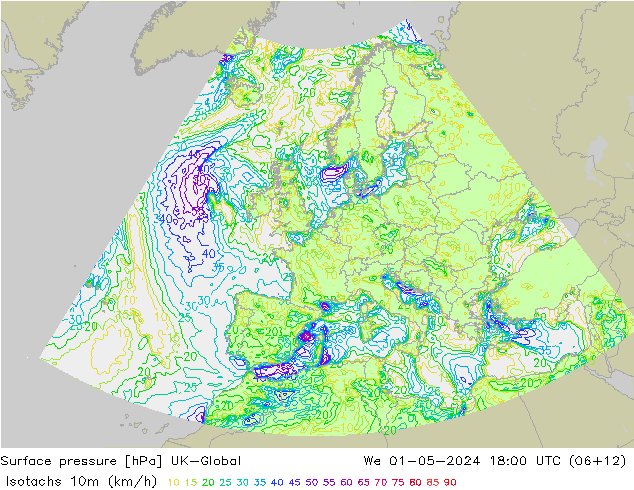 Isotachen (km/h) UK-Global Mi 01.05.2024 18 UTC