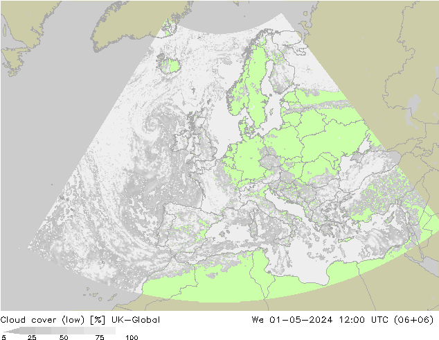 Cloud cover (low) UK-Global We 01.05.2024 12 UTC