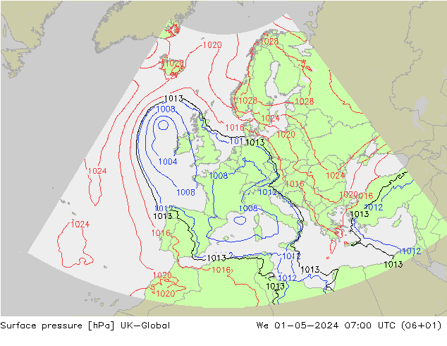 Surface pressure UK-Global We 01.05.2024 07 UTC