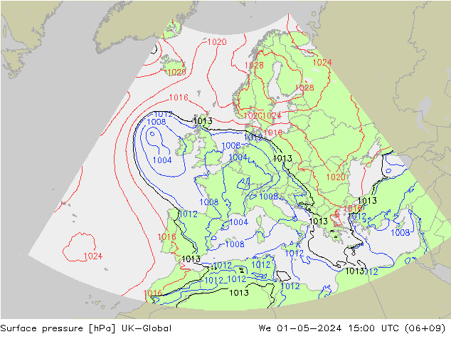 Pressione al suolo UK-Global mer 01.05.2024 15 UTC