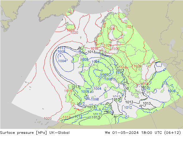 Pressione al suolo UK-Global mer 01.05.2024 18 UTC