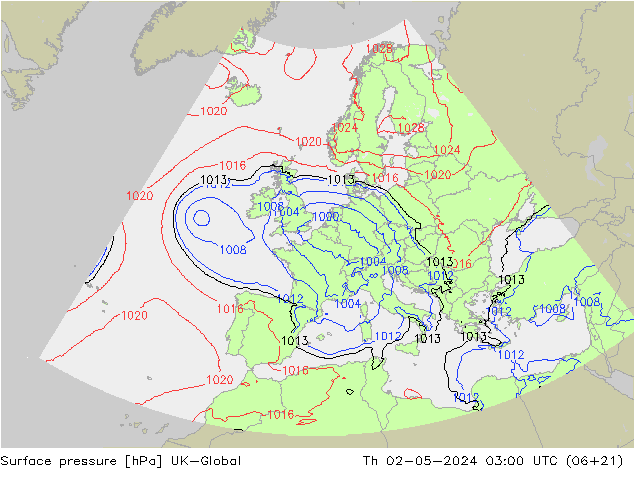 Pressione al suolo UK-Global gio 02.05.2024 03 UTC