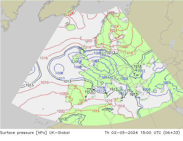 Presión superficial UK-Global jue 02.05.2024 15 UTC