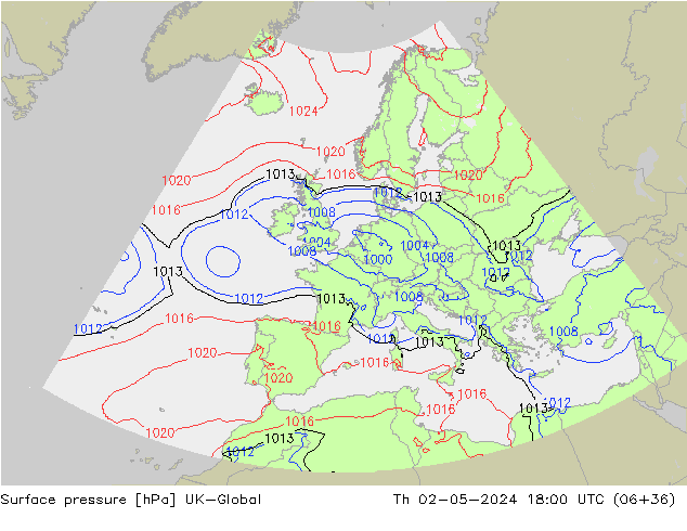 Presión superficial UK-Global jue 02.05.2024 18 UTC