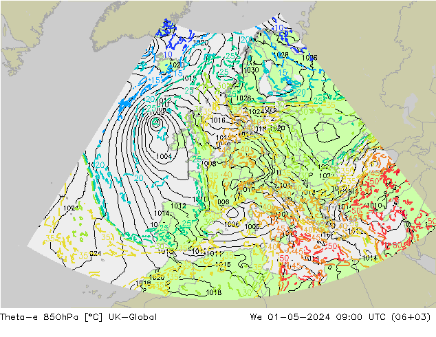 Theta-e 850hPa UK-Global Qua 01.05.2024 09 UTC