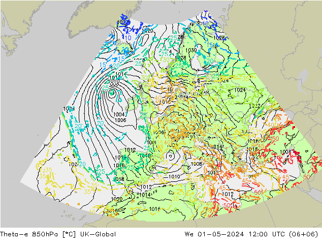 Theta-e 850hPa UK-Global Mi 01.05.2024 12 UTC