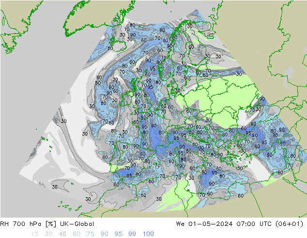 RH 700 hPa UK-Global Mi 01.05.2024 07 UTC