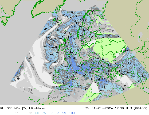 RH 700 hPa UK-Global Mi 01.05.2024 12 UTC