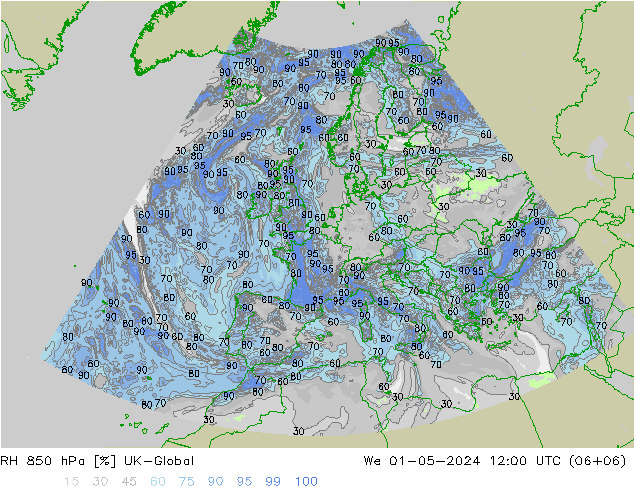RH 850 hPa UK-Global Mi 01.05.2024 12 UTC