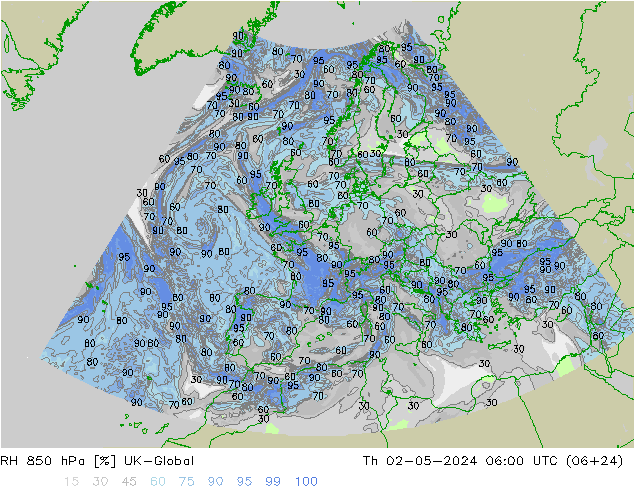RH 850 hPa UK-Global Qui 02.05.2024 06 UTC